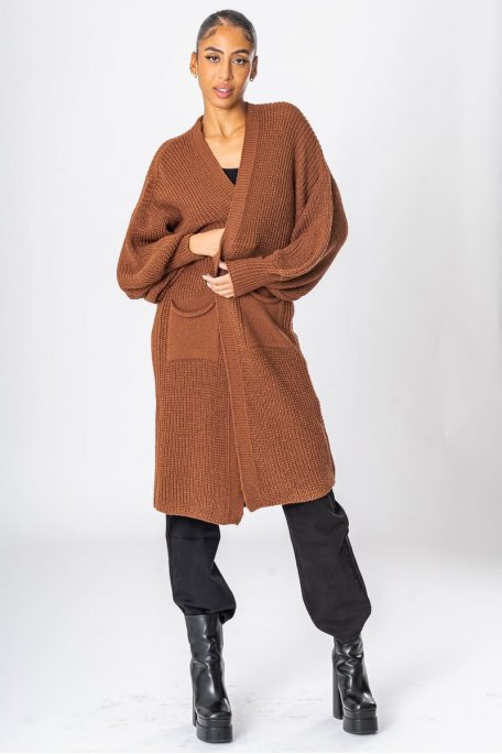 Brown long knitted cardigan with front pockets