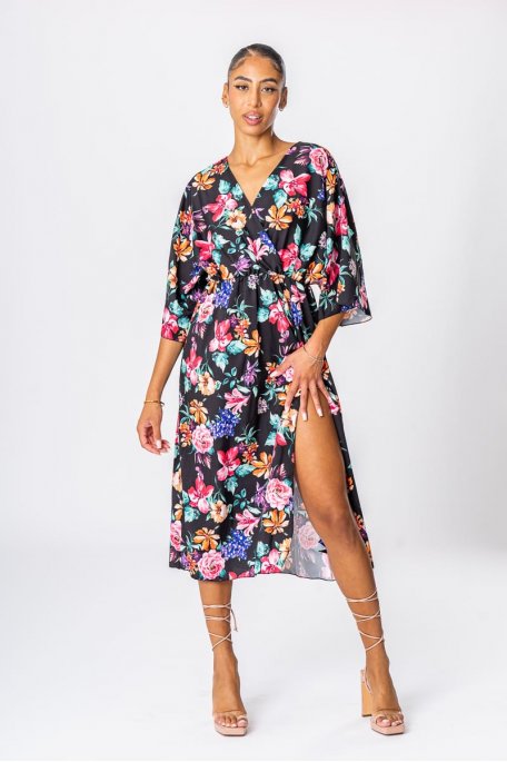 Langes, geschlitztes Kleid mit Blumenmuster schwarz