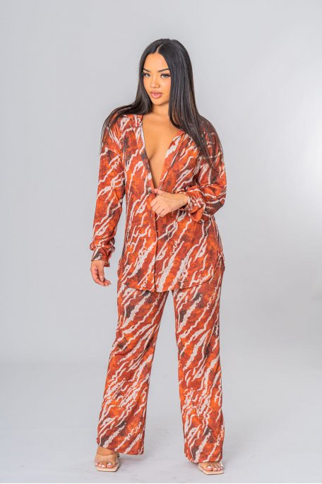 Fluid shirt set with orange sequined zebra