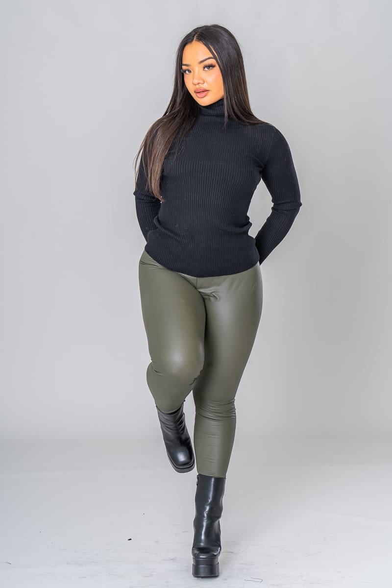 Alvia Faux Leather Leggings in Khaki