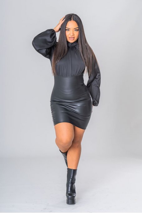 Two-material black leatherette dress