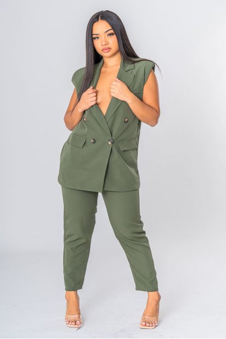 Ensemble blazer sans manches kaki