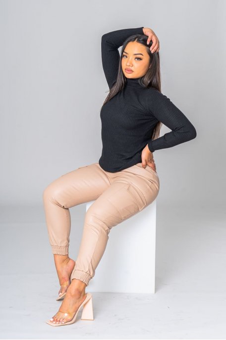 Pantalon cargo cuir vegan beige