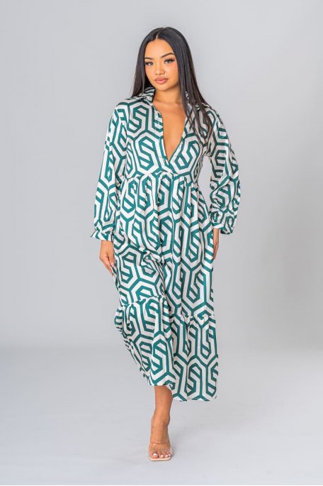 Robe chemise longue à motif géométrique vert