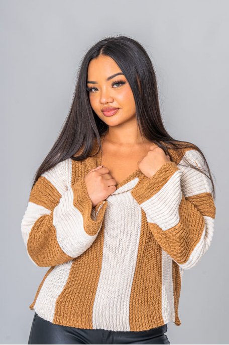 Striped knit sweater with flared sleeves in camel