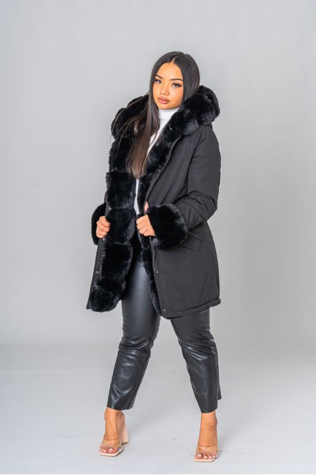 Parka fausse fourrure capuche manches noir