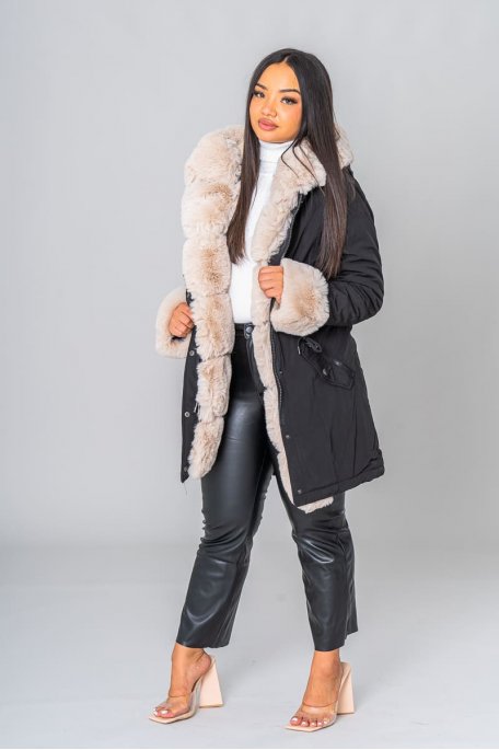 Parka longue fausse fourrure beige et noir