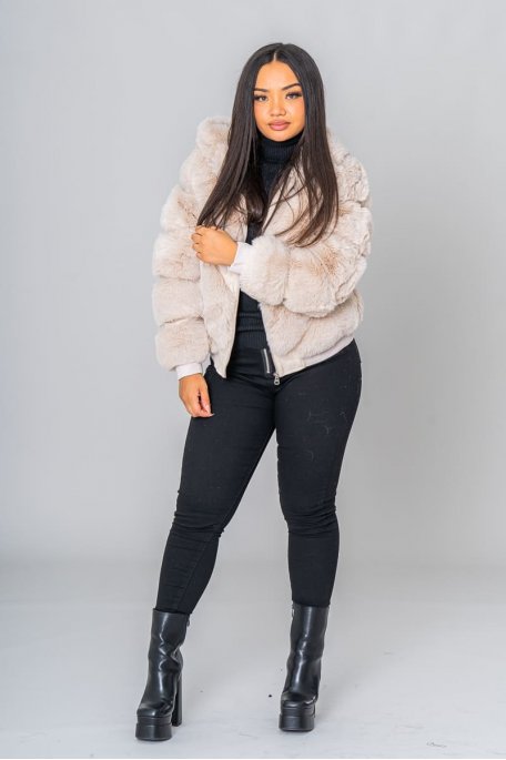 Manteau fausse fourrure suédine beige