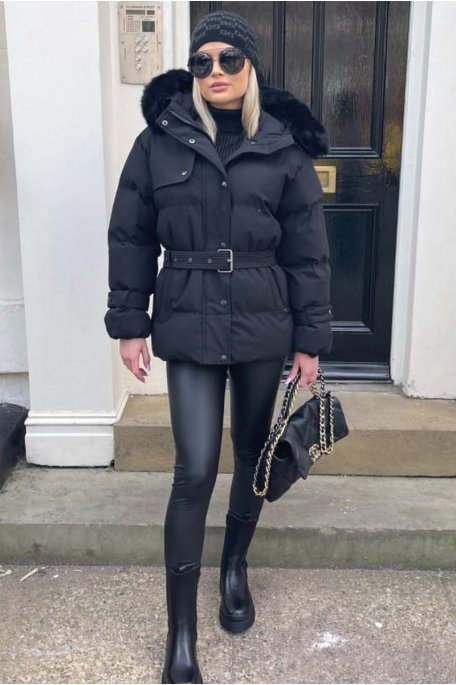 Belted jacket with black faux fur hood