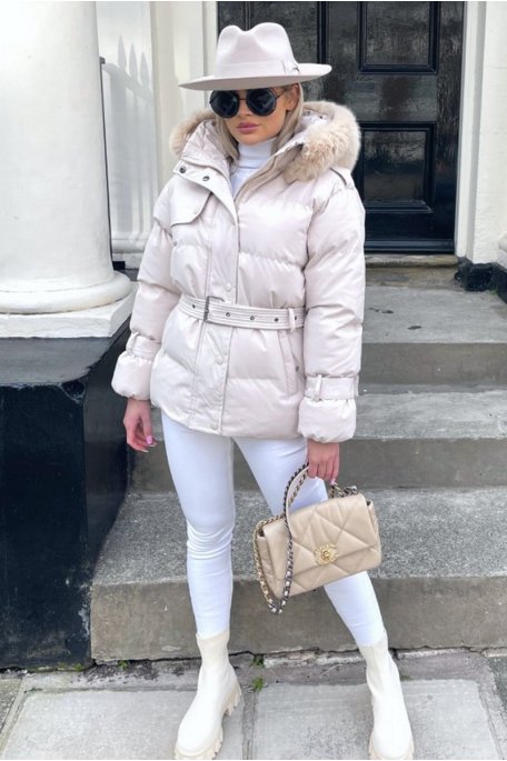 Belted jacket with beige faux fur hood