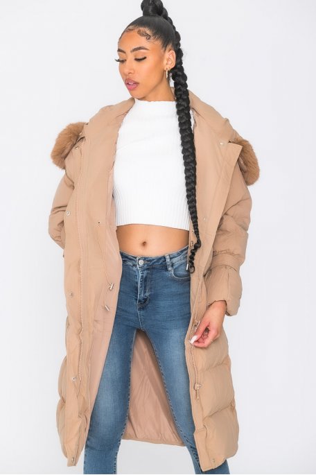 Camel long hooded jacket with faux fur