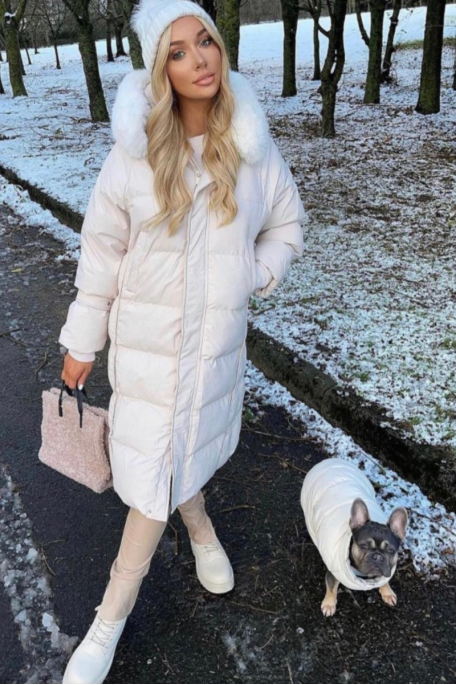 Long hooded jacket with beige faux fur