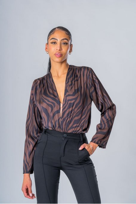 Body décolleté imprimé zébré marron