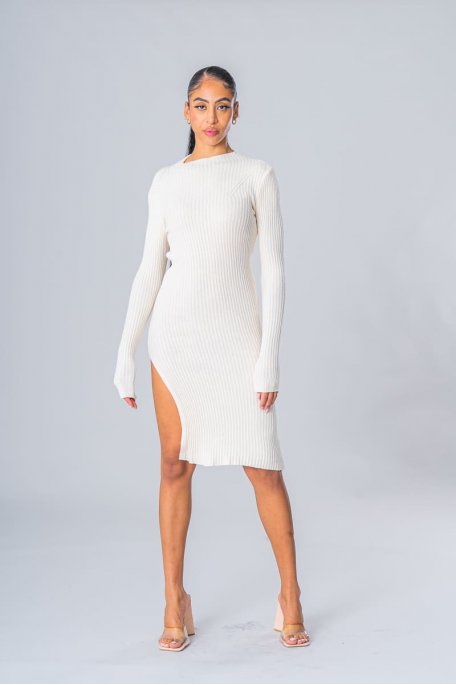 Robe moulante côtelée fendue col montant beige