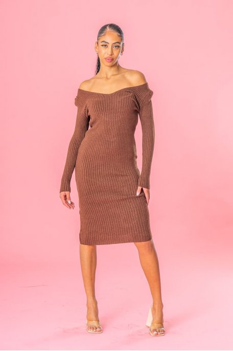 Robe midi moulante côtelée encolure V marron
