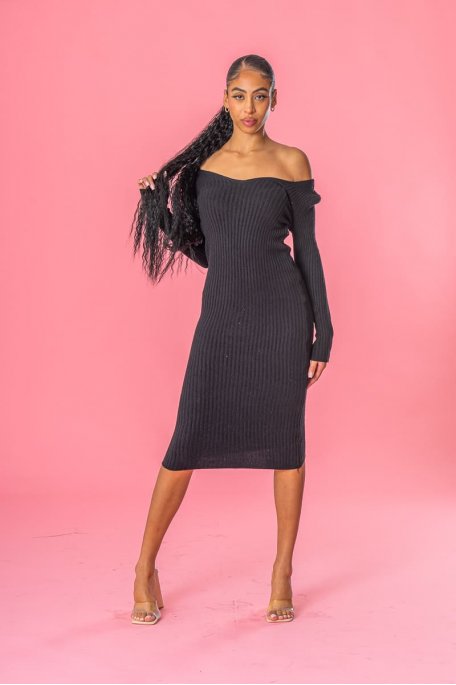 Black ribbed V-neck midi dress