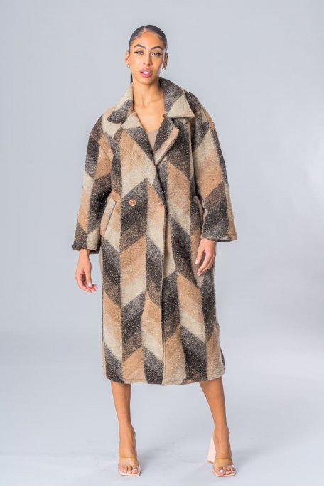 Langer Mantel mit Pailletten in Wolloptik mit braunem Muster