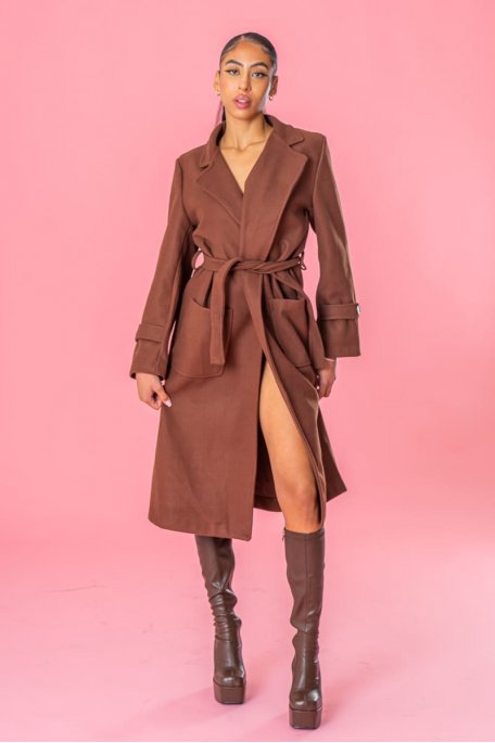 Brown belted coat with buttoned sleeves