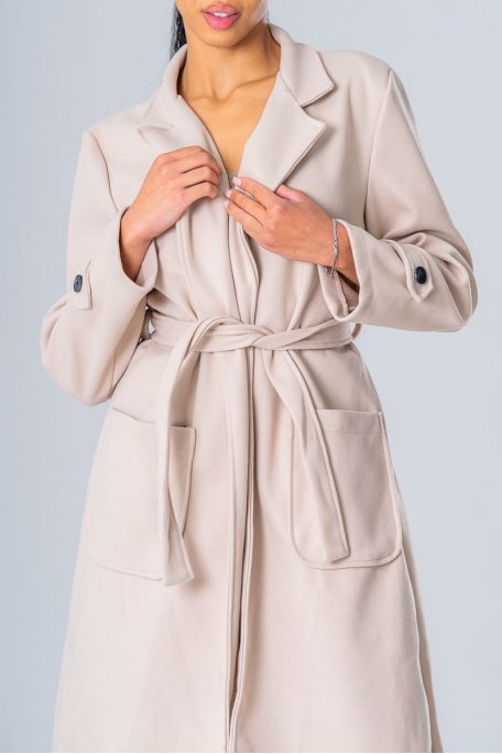 Manteau avec ceinture à la taille et manches avec boutons beige - Cinelle  Paris, mode femme tendance.