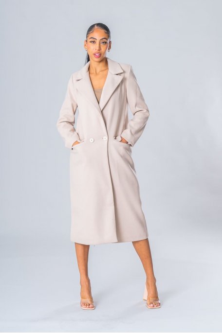 Beige long coat with straight cut