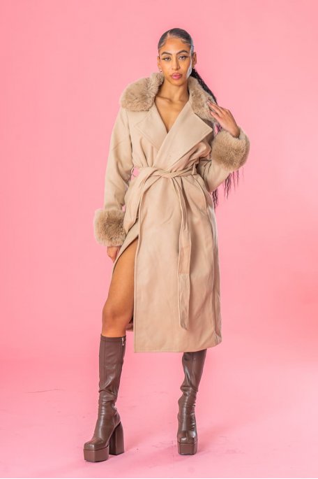 Belted coat in beige faux fur suede