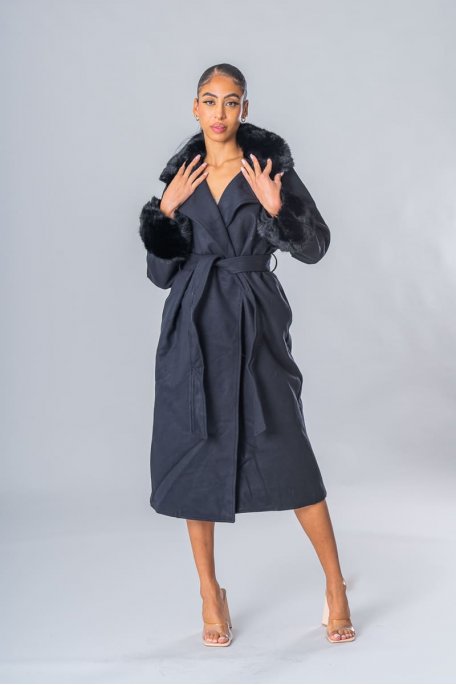 Manteau ceinturé suédine fausse fourrure noir