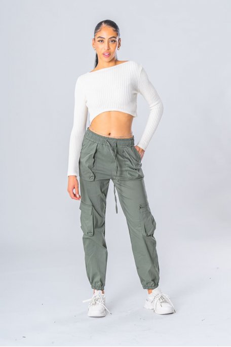 Khaki elastic waist cargo pants