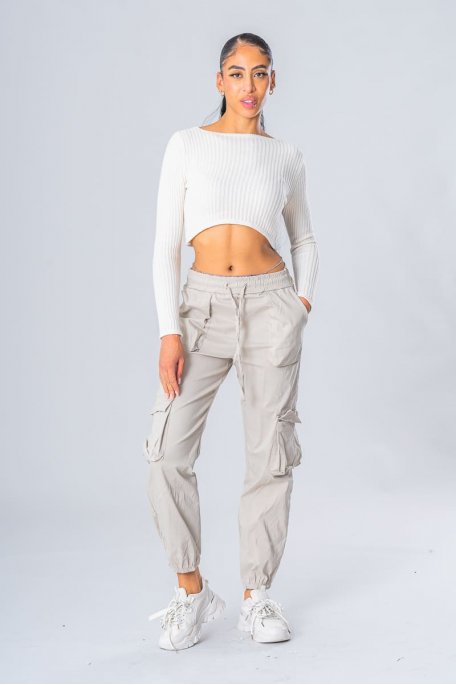 Pantalon cargo taille élastique beige