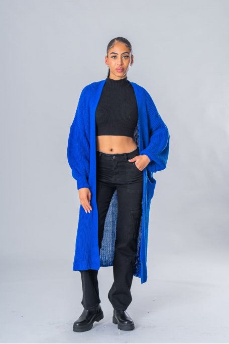 Blue long knitted cardigan with puffed sleeves
