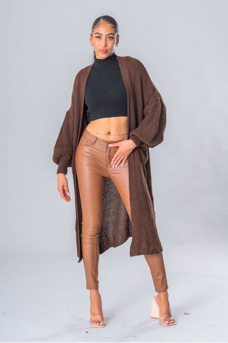 Brown long knitted cardigan with puffed sleeves