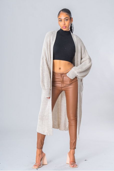 Beige long knitted cardigan with puffed sleeves