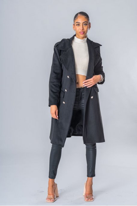 Manteau en laine chevrons boutons officier noir
