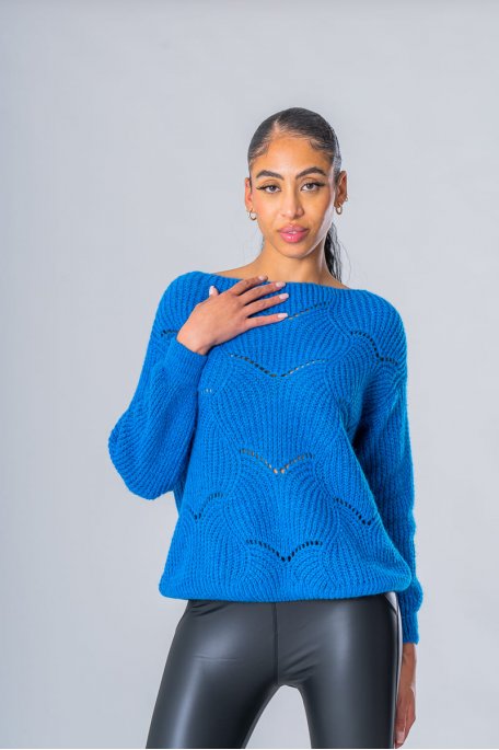 Pull col rond maille serrée bleu