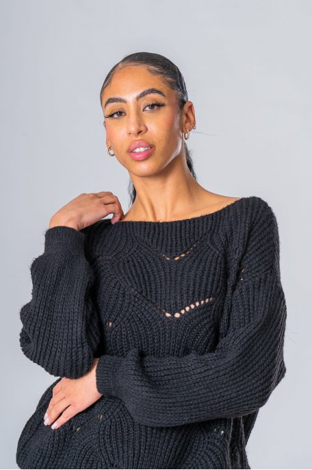 Pull col rond maille serrée noir