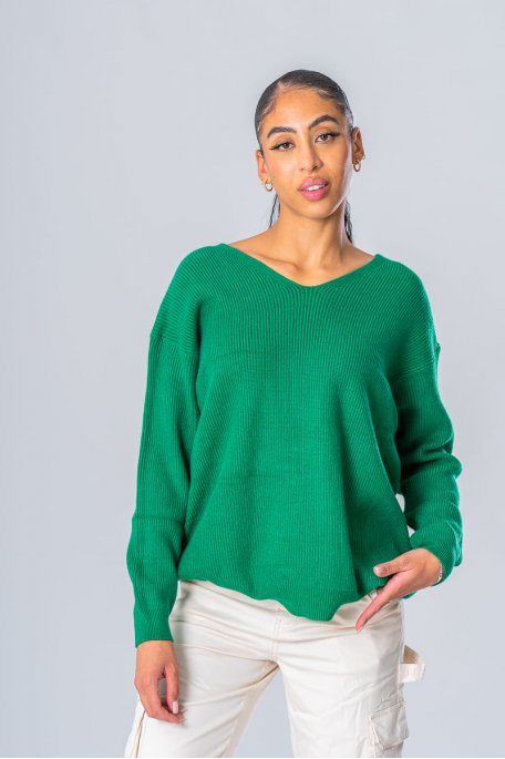 Pull en maille col V doux vert