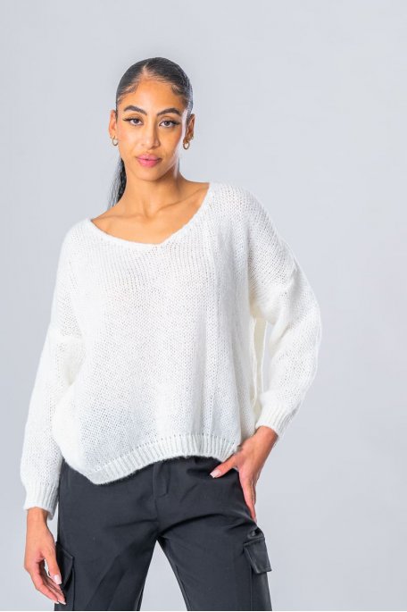 Pull chauve-souris maille col V blanc