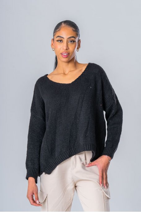 Black V-neck knitted batwing sweater