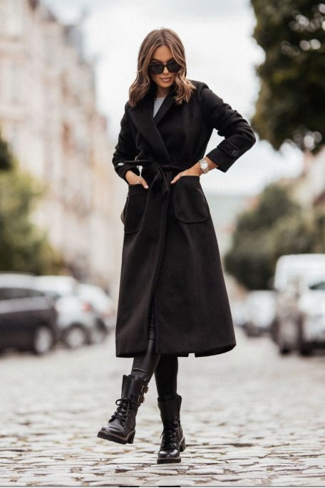 manteau long noir ceinture femme