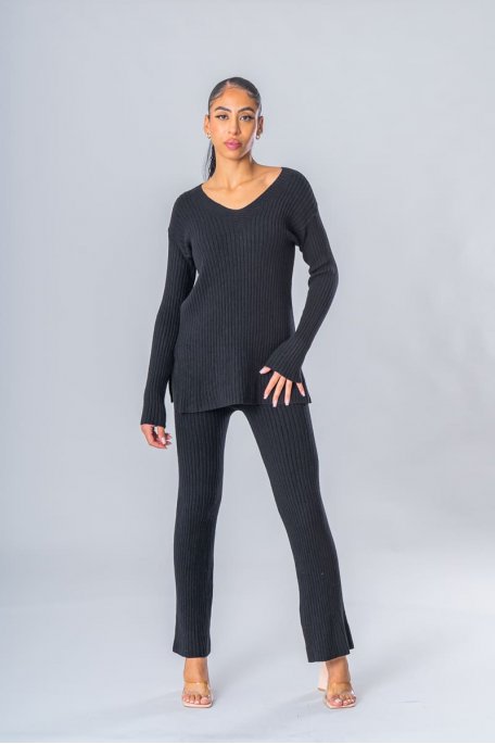 V-neck sweater and black flared pants set