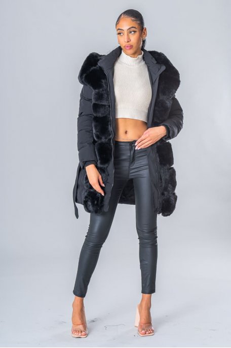 Long black vegan fur coat