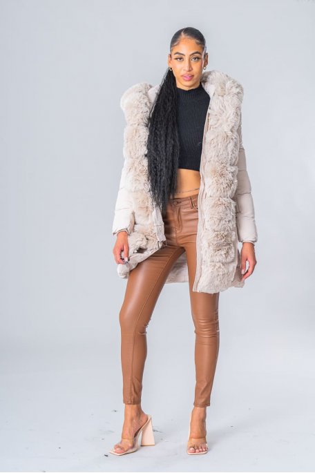 Doudoune longue fourrure vegan beige