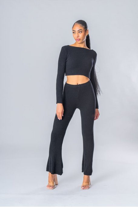 Black long sleeve crop top knit set