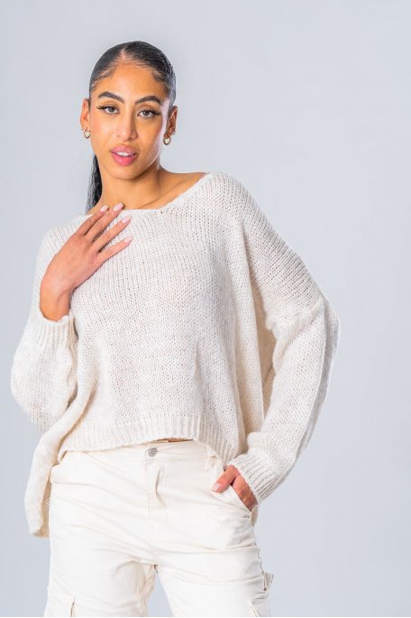 Beige V-neck knitted batwing sweater