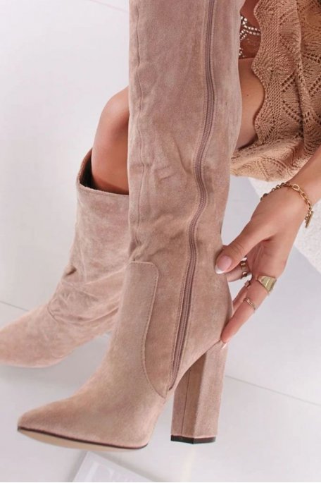 Beige suede heels boots
