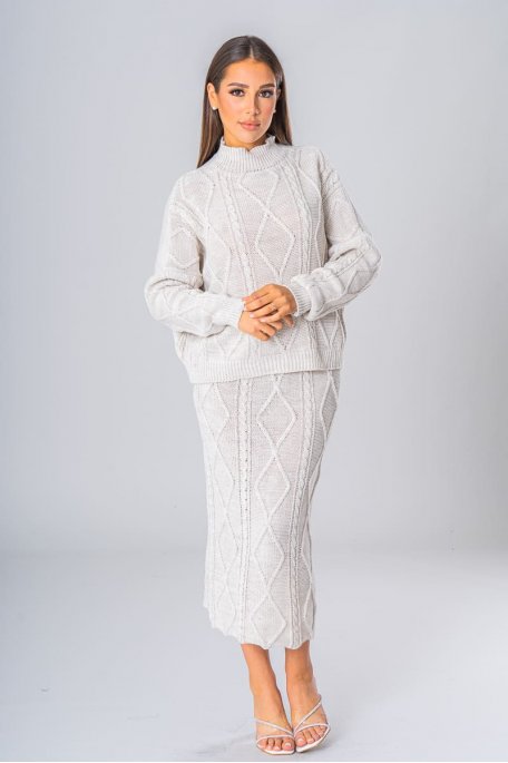 Ensemble pull oversize et jupe mi-longue maille beige