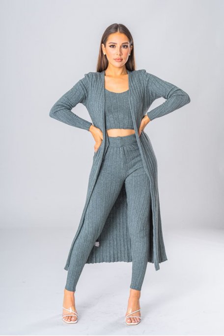 Ensemble côtelé débardeur pantalon et gilet long kaki
