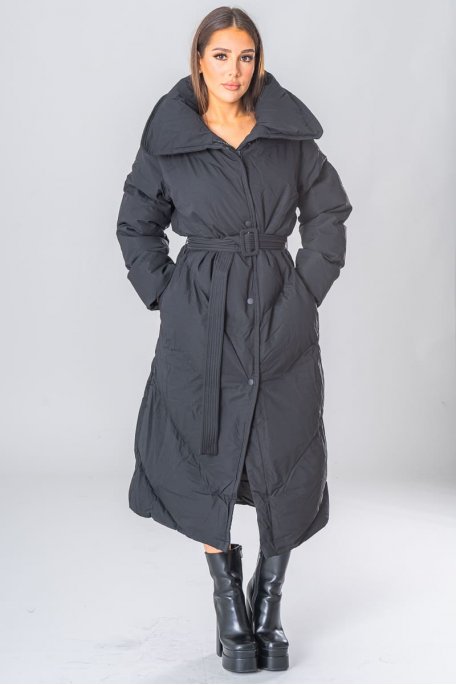 Lange Daunenjacke mit Gürtel schwarz