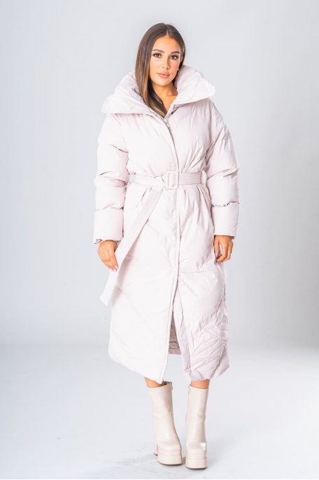 Long jacket with belted neckline beige