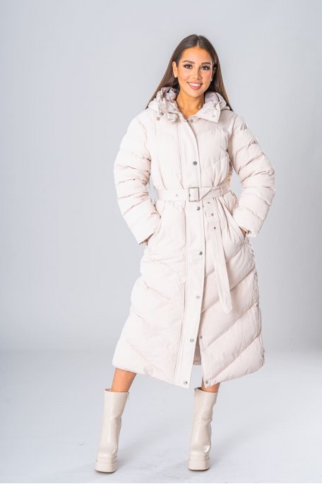 Long quilted hooded jacket with beige belt