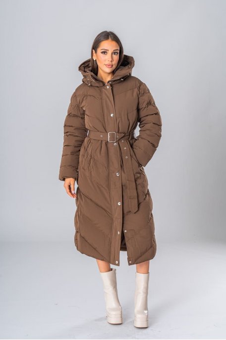 Long quilted jacket with brown belted hood